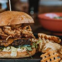 Da Keg Burger · Cheddar cheese, fried onion, bacon, lettuce, oven-roasted tomatoes, bacon aioli.