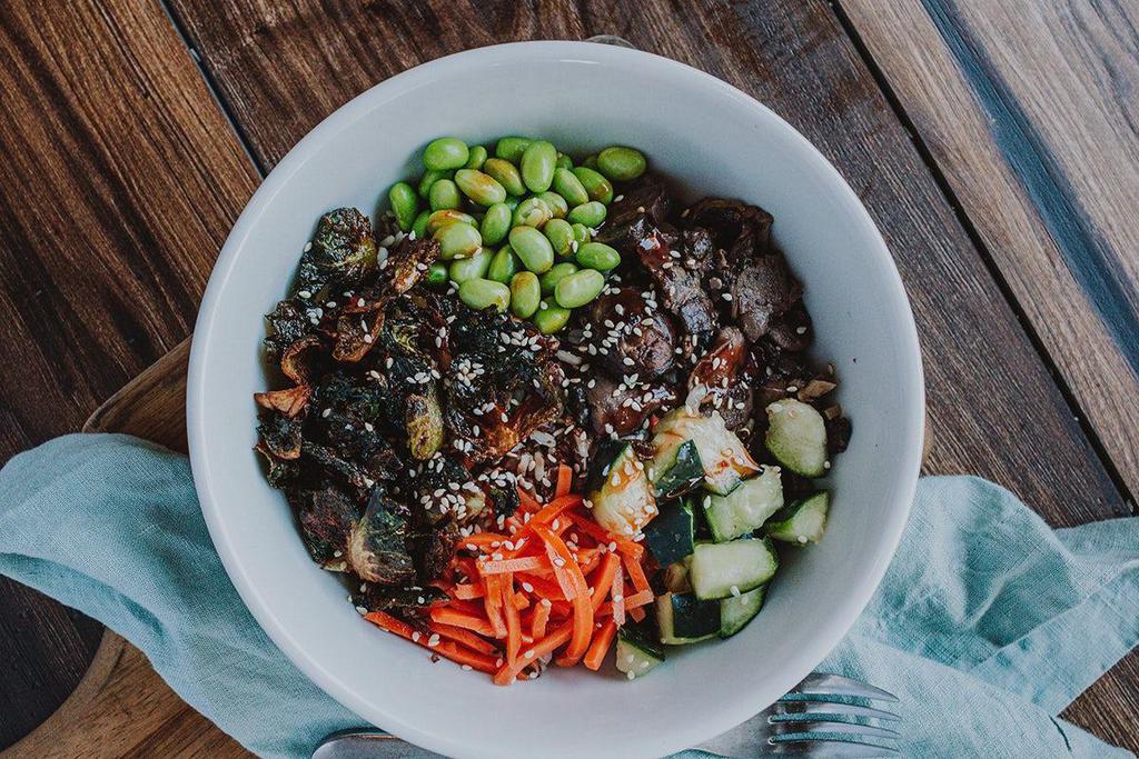 Tiger Cry  · Edamame, braised shiitakes, carrots, cucumber, brussels sprouts, sweet smoky glaze, toasted sesame seeds.