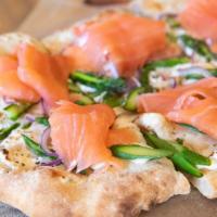 Pizza Salmone · House-made ricotta, smoked salmon, asparagus & capers
