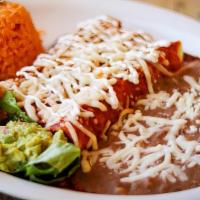 ENCHILADAS ROJAS $18 · Two enchiladas topped off with a savory red salsa stuffed with your choice of chicken or che...