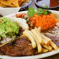 PLATO DE CARNE ASADA $18.99 · Beef steak, with a side of French fries, and your choice of flour or corn tortillas