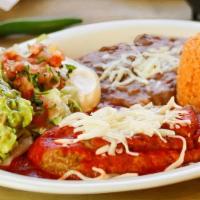 Plato de Chile Relleno $18.99 · A cheese stuffed Chile, topped with traditional salsa, melted cheese, and your choice of flo...