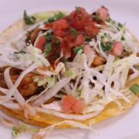 Shrimp Taco (2) · Shrimp cooked in our fajita sauce with bell pepper and onions: topped with lettuce, tomatoes...