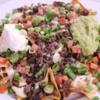 Nachos with Meat · 1 Choice of meat, chips, refried beans, cheese, topped with tomatoes, green onions, sour cre...