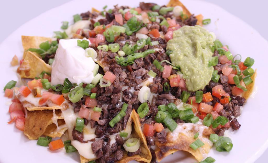 Nachos with Meat · 1 Choice of meat, chips, refried beans, cheese, topped with tomatoes, green onions, sour cream and guacamole