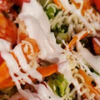 Taco Salad with Meat · 1 Choice of meat, refried beans, lettuce, sour cream, guacamole, cheese, green onions, tomat...