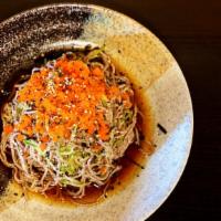 Cold  Soba  Buckwheat  Noodle · Japanese  cold  buckwheat  noodles  with  Cucumber, Grill  Salmon  or  Tofu,  House  Dressin...
