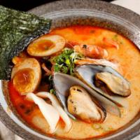 Seafood Soup · Mix Seafood, flavored egg, bamboo shoots, roasted, kikurage mushroom.