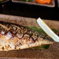 Grill  Saba  Shioyaki · House made  grilled  Mackerel  Salt.   Serviced  with  salad,  rice  and  miso  soup.