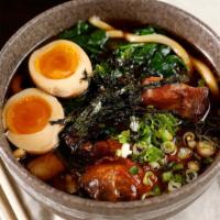 Chicken Udon · Japanese udon with roasted chicken, lettuce, flavored egg and fish cake. Shoyu broth or miso...
