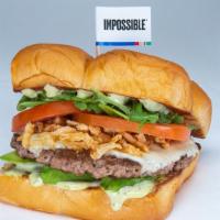 The Spicy Basil Burger · Impossible patty, white American cheese, avocado, tomato, crispy onions, tomato,arugula, spi...
