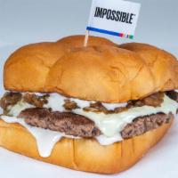Gooey Lewis Burger · Impossible patty, white American cheese, caramelized onions, garlic aioli.