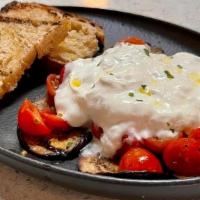 BURRATA CHEESE · grilled eggplant, cherry tomatoes, olive oil,  bread
