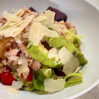 FRANCO SALAD · Romaine lettuce, mixed beets, corn, avocado, canned tuna, shaved parmigiano, lemon dressing