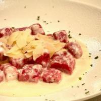 GNOCCHI · homemade red beets gnocchi, grana padano, taleggio, gorgonzola