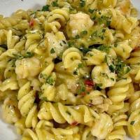 FUSILLI · Homemade Fresh pasta, shrimp, Zucchini puree, Grana Padano cheese, evoo