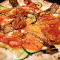 VEGETARIANA · San Marzano tomato sauce, fior di latte mozzarella, roasted red pepper, grilled eggplant, zu...