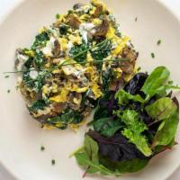 SHROOM SCRAMBLE · Sautéed mushrooms, herbed goat cheese, kale, chives.  Served with mixt greens side salad