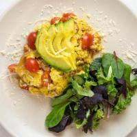 DESIGN YOUR OWN SCRAMBLE · Three pasture eggs with your choice of three ingredients.  Served with side salad of mixt gr...
