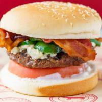Diablo Burger · Applewood-smoked bacon, BBQ sauce, jalapeños, tomato, crumbled blue cheese, blue cheese sauc...