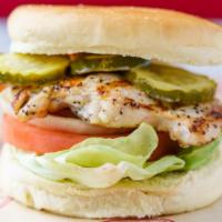 The Classic Chicken Sandwich · Smoked jalapeno aioli, bib lettuce, tomato, vidalia onion, pickles, toasted brioche bun