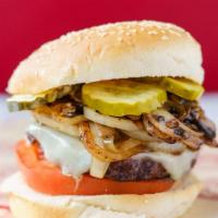 Broadway Burger · Triple-pepper ranch sauce, sautéed ‘shrooms, caramelized onions pickles, tomato, swiss chees...