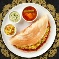 Chili Billy Cheese Dosa · Savory crepe made of rice & lentil batter topped off with Mixed Cheese, Chopped green chilie...
