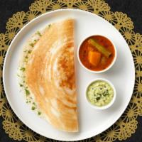 BouGhee Dosa · Savory crepe made of rice & lentil batter and clarified butter served with chutneys and Sambar