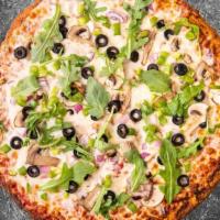 Keto Veggie Pizza · Mozzarella cheese, made-from-scratch tomato sauce, bell peppers, mushrooms, onions, olives, ...