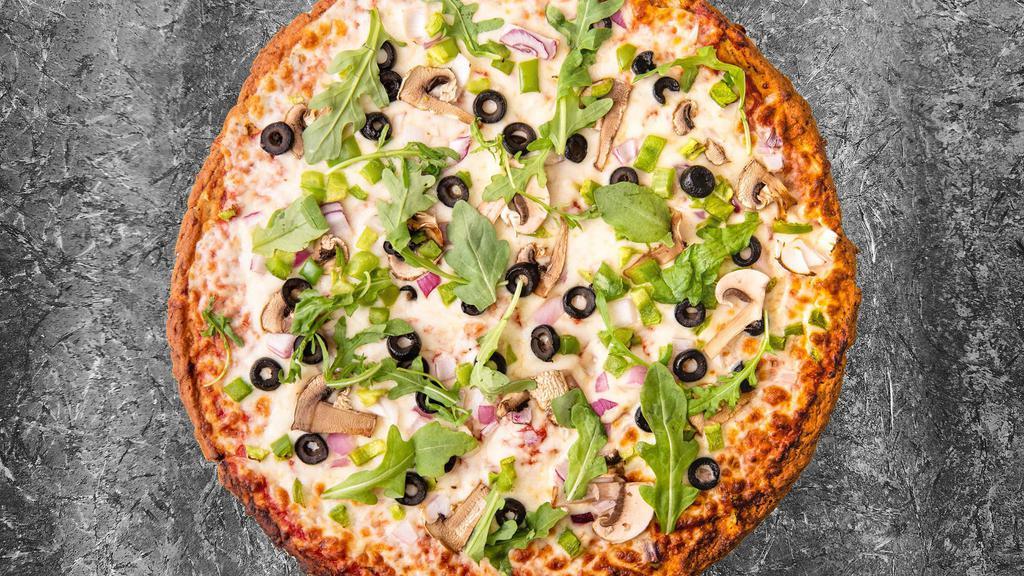 Keto Veggie Pizza · Mozzarella cheese, made-from-scratch tomato sauce, bell peppers, mushrooms, onions, olives, and arugula on our signature, low carb pizza crust. (Gluten-Free)