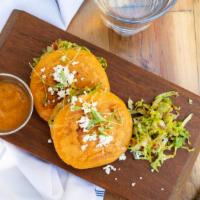 Gorditas · Two corn masa fritter, stuffed with pork chicharron, beans, lettuce, salsa roja and queso fr...