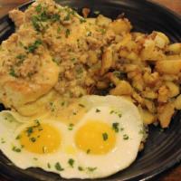 Chicken Fried Steak · TOPPED WITH OUR HOMEMADE GRAVY WITH TWO EGGS ANY STYLE,. HOUSE POTATOES AND CHOICE OF TOAST ...