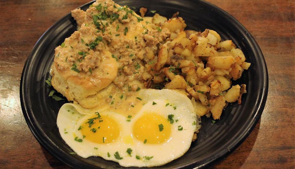 Chicken Fried Steak · TOPPED WITH OUR HOMEMADE GRAVY WITH TWO EGGS ANY STYLE,. HOUSE POTATOES AND CHOICE OF TOAST OR BISCUIT. (GRAVY CONTAINS ITALIAN SAUSAGE)