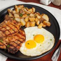 Charbroiled Pork Chops · WITH TWO EGGS ANY STYLE, HOUSE POTATOES AND CHOICE OF TOAST.