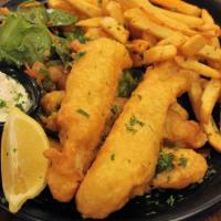 Ale Battered Fish And Chips · ALASKAN COD WITH HOUSE SALAD AND TARTAR SAUCE .