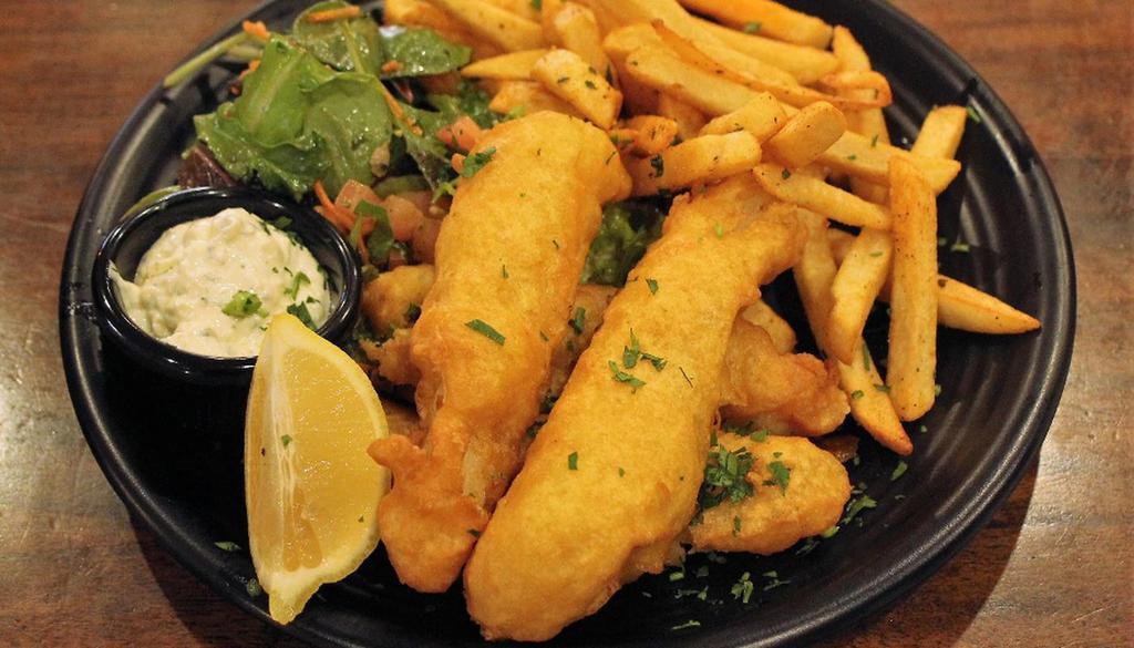 Ale Battered Fish And Chips · ALASKAN COD WITH HOUSE SALAD AND TARTAR SAUCE .