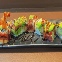 Dragon Roll · Shrimp tempura topped with eel and avocado.