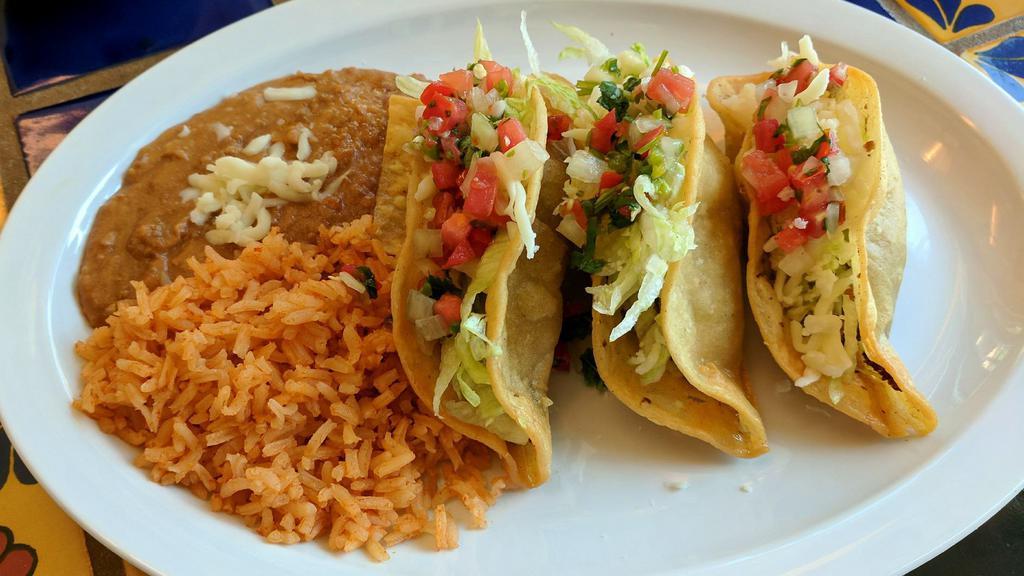 8. Crispy Taco Plate (3) · Three crispy tacos  topped with lettuce, cheese and pico de gallo, with rice and beans.
Now any meat of your choosing at no additional charge except for Shrimp or Fish