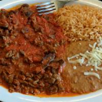 14. Carne con Chile Plate · Carne asada, home made special spicy salsa, corn or flour tortilla with rice and beans.