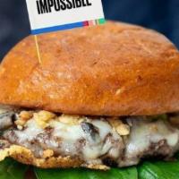 Impossible Swiss&Shroom · Loads of melted swiss, Grilled mushrooms, fresh spinach, crispy onions, aioli with our Impos...