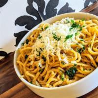 GARLIC NOODLES · Egg Noodles, Garlic Butter, Parmesan, Herbs