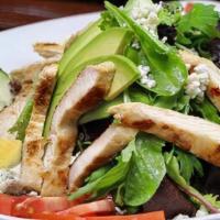 Cobb Salad · Mixed greens topped with chopped bacon, avocado, chicken breast, tomatoes, hard-boiled egg, ...