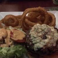Bleu Burger · Bleu cheese crumbles, grilled mushrooms, caramelized onions, and aioli. Served with your cho...