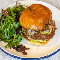 An Impossible Burger · Two vegan patties, salsa verde, fried onions, pickles, vegan mayo, served with side salad (v...