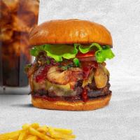 On Cue BBQ Burger · American beef patty topped with melted cheese, barbecue sauce, lettuce, tomato, caramelized ...