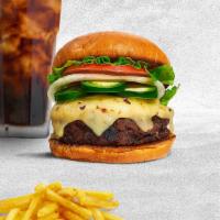 Jesting Jalapeno Burger · American beef patty topped with melted cheese, jalapenos, lettuce, tomato, caramelized onion...