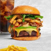 Fries Against Burger · American beef patty topped with fries, avocado, caramelized onions, ketchup, lettuce, tomato...