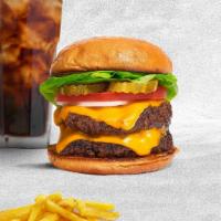 Praise Cheeses Double Burger · Two American beef patties topped with melted cheese, bacon, lettuce, tomato, caramelized oni...