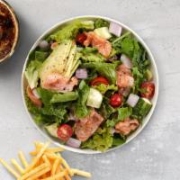 Bosch Salad · Spring mix with quinoa, veggie salami, green onion, tomato, avocado, mango, and cilantro, dr...