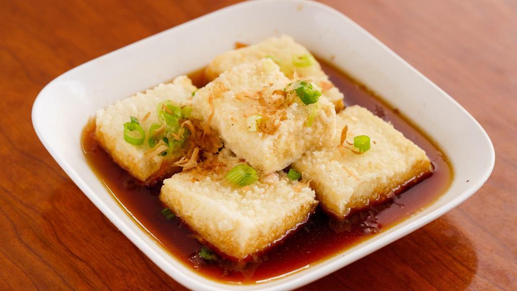 Agedashi Tofu · Deep fried tofu with bonito and sauce.